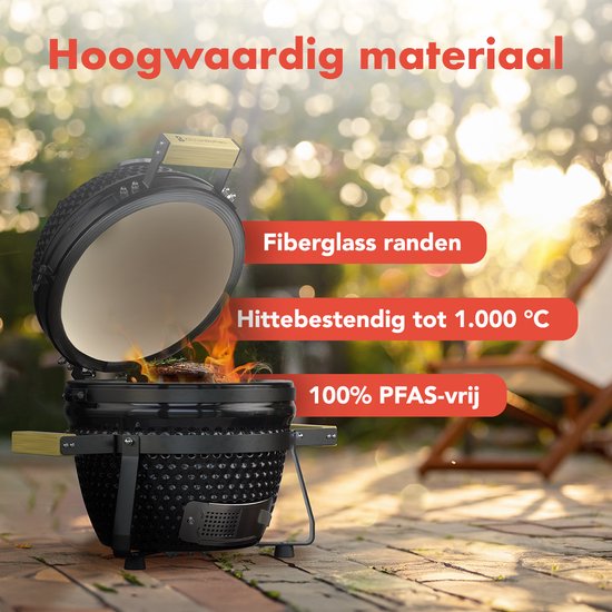 KitchenBrothers Kamado BBQ– Incl. Accessoires & Pizzasteen – 50 x 38,5 x 47 cm – Zwart