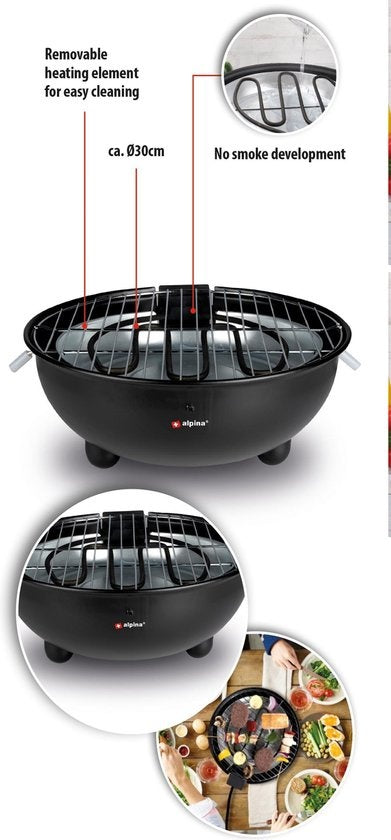 alpina Elektrische BBQ - Tafel-Barbecue - Geen Rook - Binnen Barbecueën - 1250W - Ø 30 Cm - Zwart