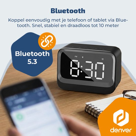 Denver Digitale Wekker - Bluetooth speaker - Dual alarm - LCD Display - EC54B - Zwart