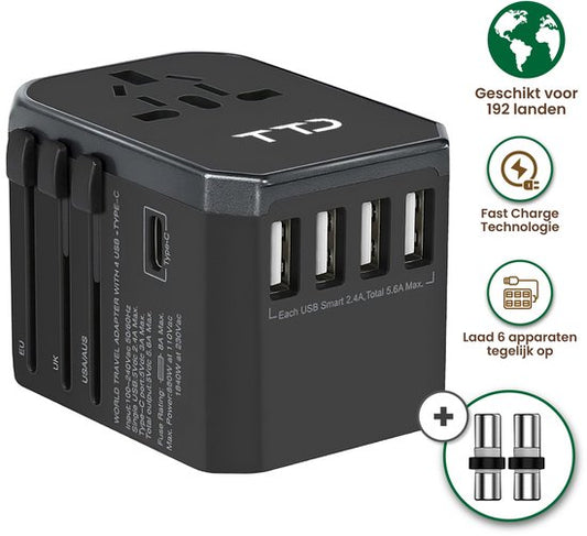 TTD® Wereldstekker Universeel - Reisstekker Type A B C E F G I met USB-C en 4x USB-A Fast Charge - Geschikt voor o.a. Amerika, Australië, Engeland en Japan - Reisadapter - Travel Adapter