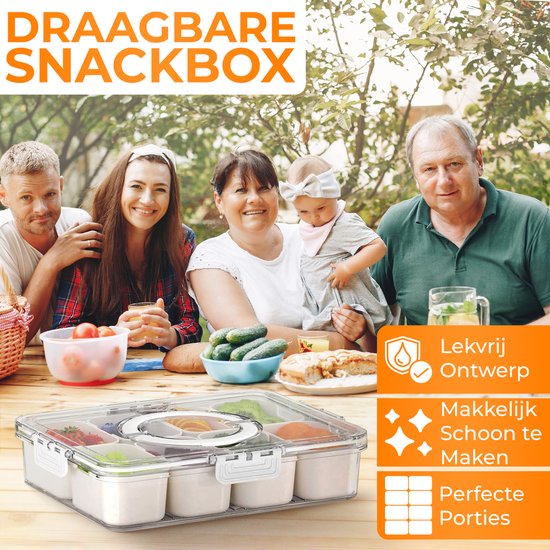 Posity Snackbox - Snackdoos met Vakjes - Met Deksel en Handvat - 8 Vakken - Voor Onderweg - Vershouddoos - Kunststof - Wit