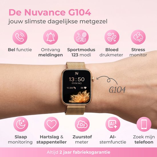 Nuvance Smartwatch Dames - Stappenteller Horloge Dames - Hartslagmeter - Sporthorloge - Geschikt voor iOS/Android - AMOLED - Incl. 5 Bandjes - Goud