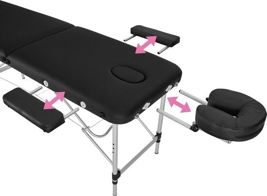 tectake® - aluminium massagetafel 2 zones, massagetafel 4cm matras, opvouwbare massagetafel, in hoogte verstelbare aluminium massagetafel, draagbare massagetafel inclusief accessoires, aluminium hoofdsteun, armleuning en draagtas - zwart