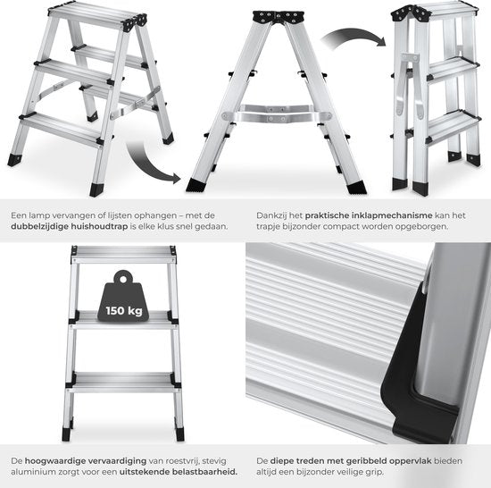 tectake® Dubbelzijdige Aluminium Keukentrap - 3 Treden - 58 cm - Stevige Trap Ladder - Opklapbaar Opstapje - Antislip Huishoudtrap