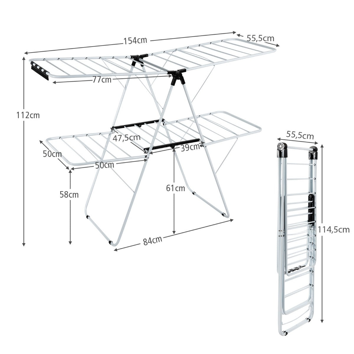 Coast 2-fasen wasrek opvouwbare tuimeldroger met in hoogte verstelbare vleugels 154 x 55,5 x 112 cm wit