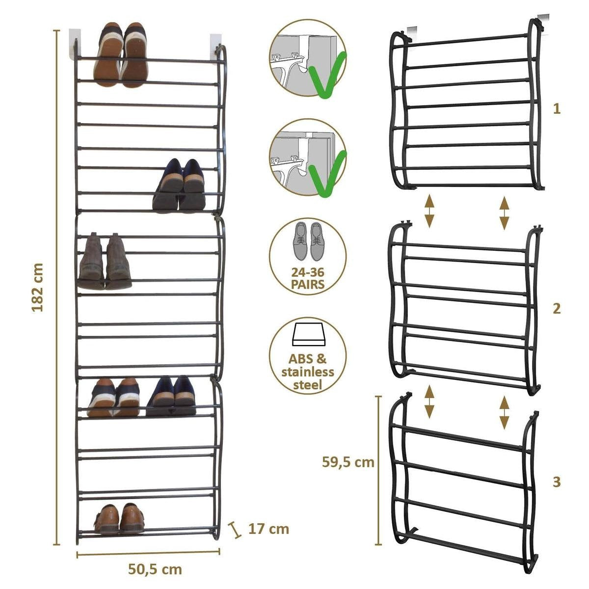 O'DADDY® hangend schoenenrek deur - Geschikt voor opdek en stompe deuren – 20 x 51 x 182 cm - Zwart