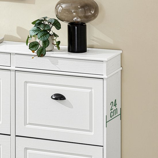 SoBuy FSR79-WG Schoenenkast met 4 kleppen, schoenenkast, entree, schoenenkast, schoenenrek, 16 paar, voor hal, entree, 103 x 23 x 82 cm, antiek houteffect, wit