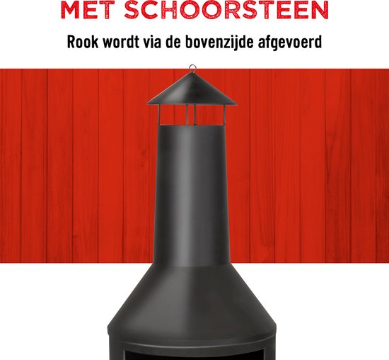 BBQ Collection Buitenhaard met Schoorsteen - Tuinhaard 134 x 44,5 x 44,5 cm - Terrashaard voor Brandhout - Terraskachel met As-Opvangbak, Pook en Houtopslag - Tuin en Terras - Carbon Staal