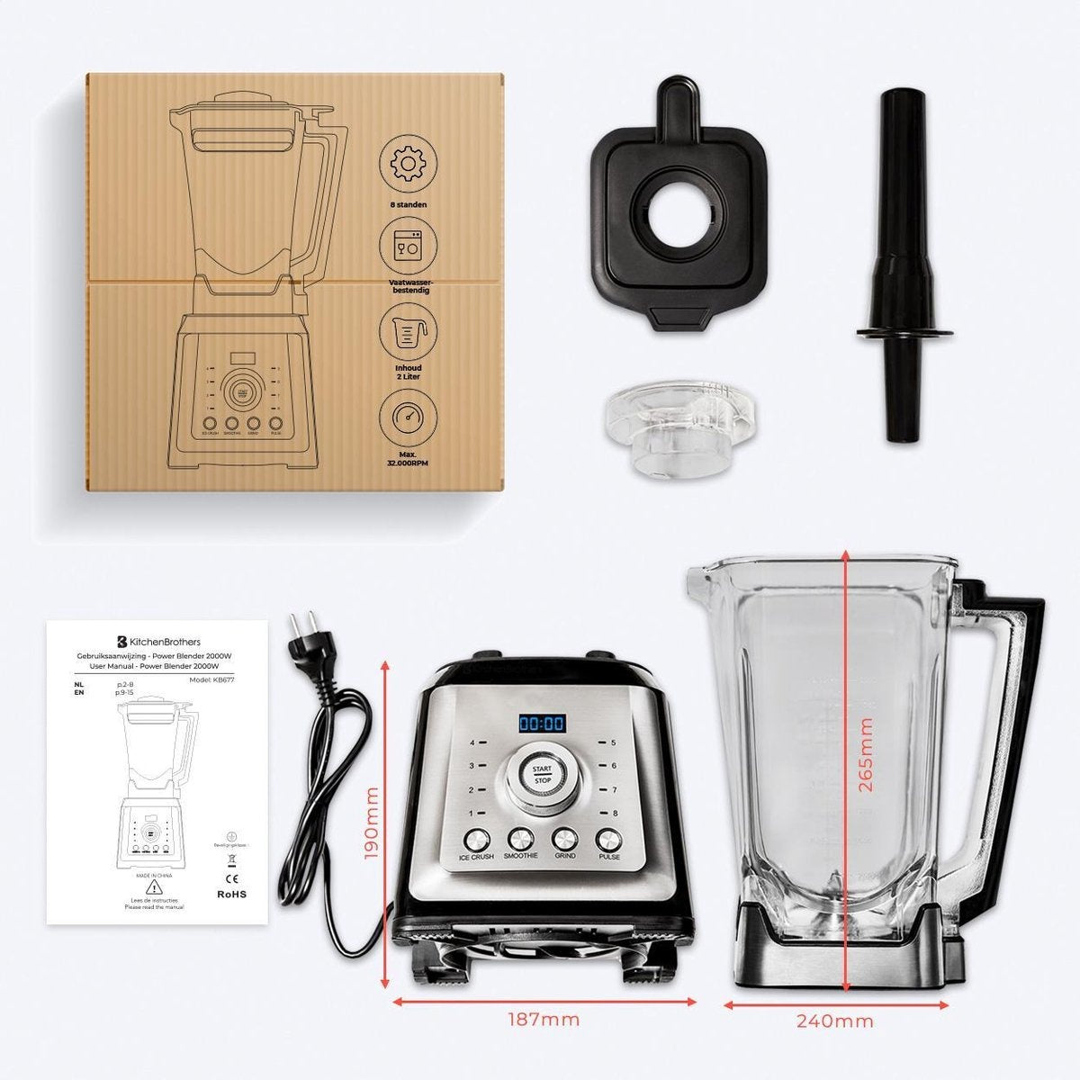 KitchenBrothers - Power Blender - 2000W - 2L - 8 standen/4 snelheden - Roestvrij staal