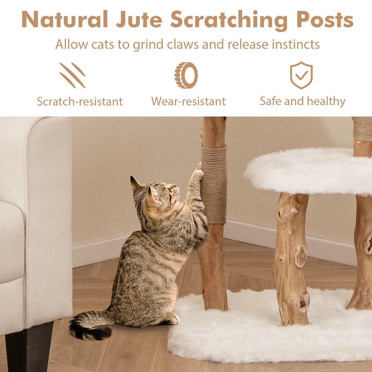 Coast Krabpaal voor katten - massief hout en jute - 4 niveaus - naturel en wit - 110 cm