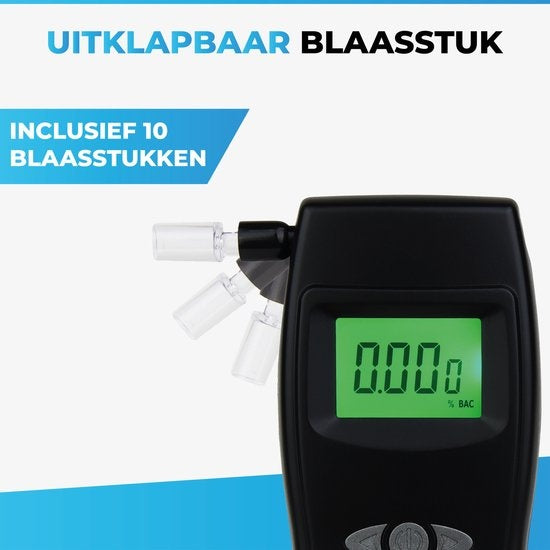 TIKKENS® Digitale Alcoholtester - Geschikt voor Frankrijk, Nederland, België, ... - Alcoholtest - USB Oplaadbaar - Blaastest Alcohol - 10 Extra Mondstukjes - Zwart