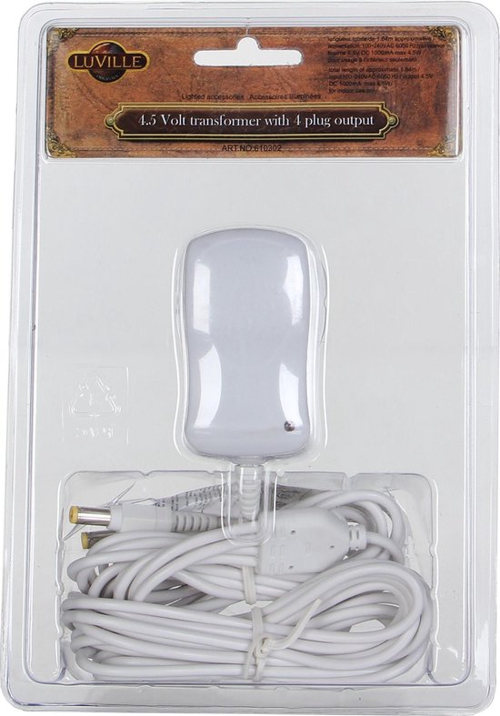Luville Kerstdorp Switch Adapter 4,5 Volt met 4 Plugs - Kerstversiering voor Binnen - Kerst Decoratie Miniatuurwereld - Vervangt Batterijkastje - 7 x 4 x 5 cm - Wit