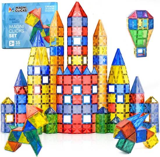 MagniClicks Magnetic Tiles 35 stuks - Magnetisch Speelgoed - Montessori - Magnetische Tegels - Bouwblokken