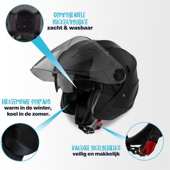 VINZ Calobra Jethelm met Zonnevizier - Scooterhelm & Motorhelm & Brommerhelm - ECE 22.06 - Mat Zwart - M