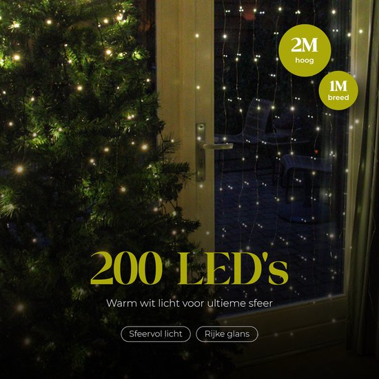 Giftmas Lichtgordijn – 200 LED’s Warm Wit – 1x2M – Voor Deur of Doorgang – Binnen en Buiten– Afstandsbediening – Sfeerverlichting - Kerstverlichting