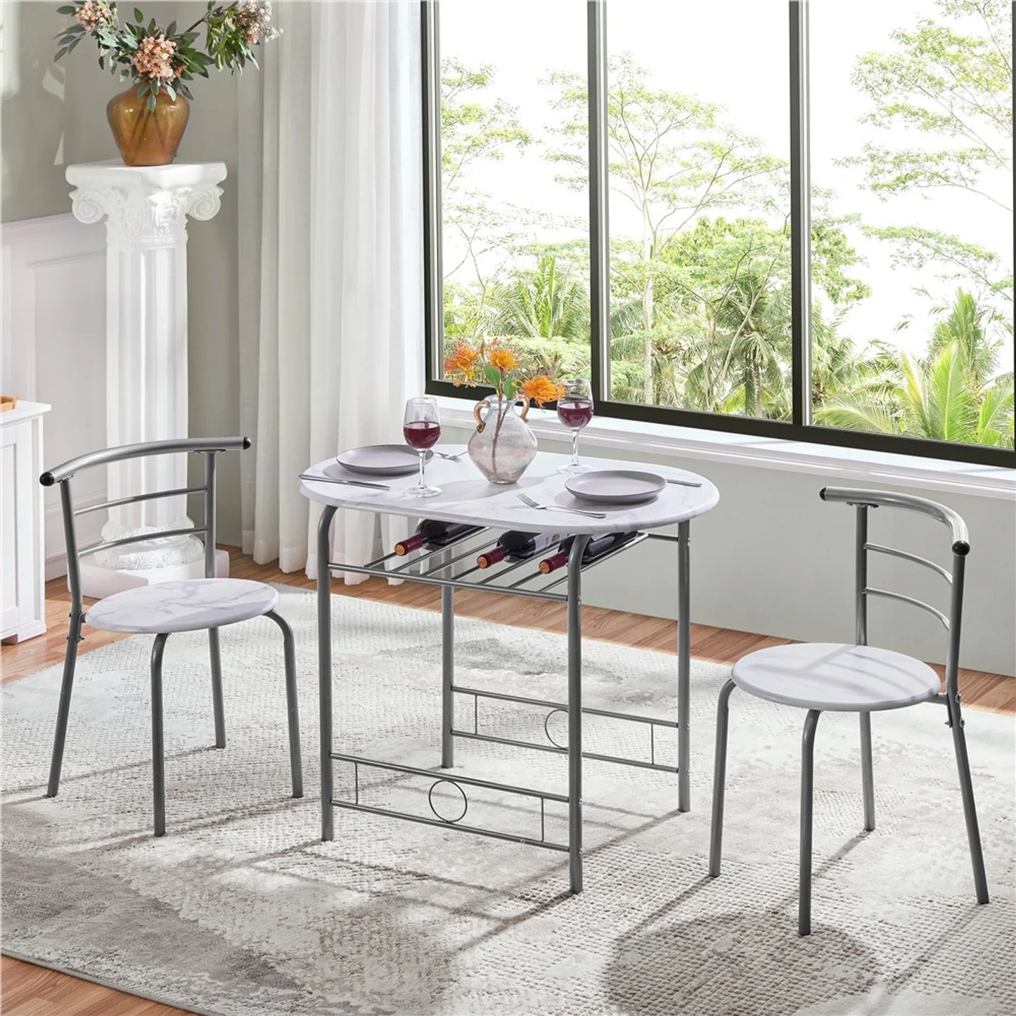 Yaheetech Eethoek 3-Delig – Voorzien Van Opbergvak Onder Het Tafelblad En Twee Stoelen Met Rugleuning En Ruimtebesparend Ontwerp – Voor Keuken En Balkon – Wit Mdf En Metaal – 90 x 53 x 75,5 cm