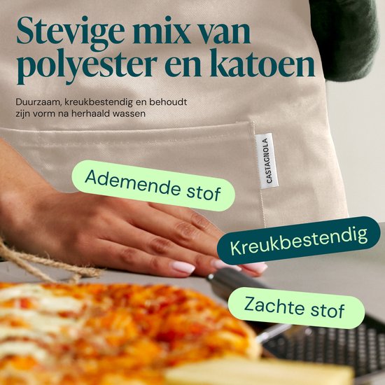 Castagnola keukenschort - Water- en vuilafstotend - Professioneel Kookschort - Schort voor Dames en Heren - Horeca Sloof - Unisex - Verstelbare Gesp - Extra Grote Vakken - Beige