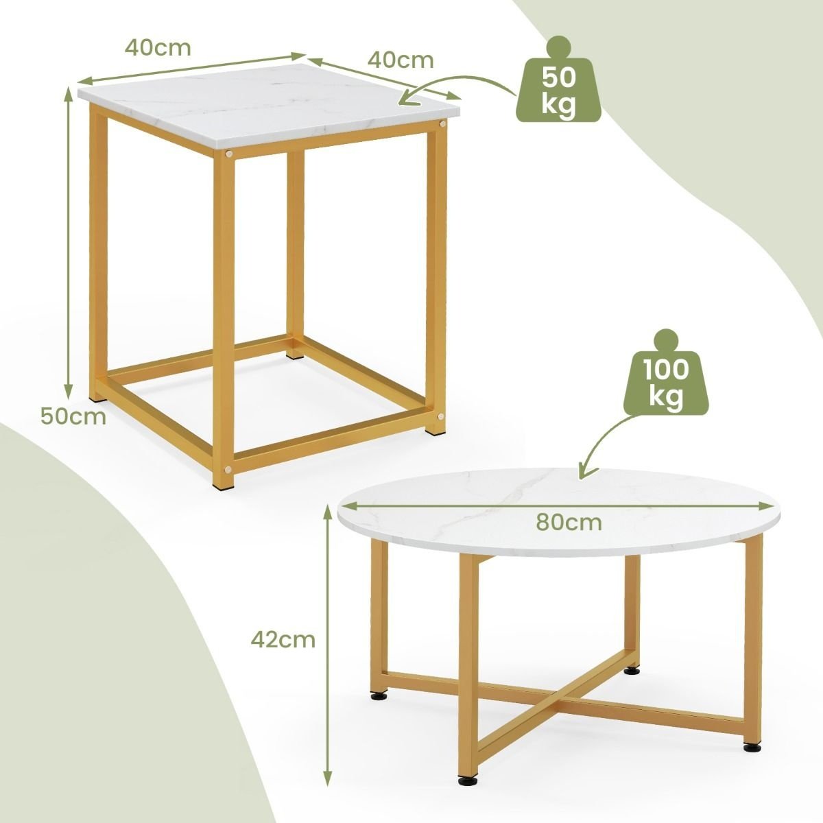 Coast 3-Delige Salontafelset - Wit/Goud - Rond 80x42cm - Vierkant 40x40x50cm