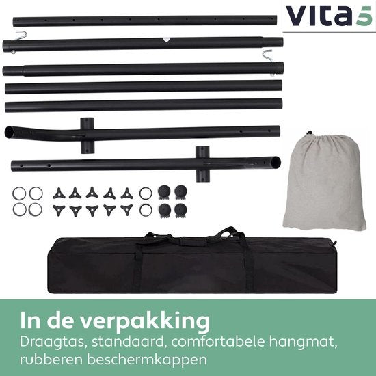 Vita5 Hangmat met Standaard – 2 Persoons – Verstelbare Lengte – Incl. Draagtas – Draaggewicht 205 kg – Grijs
