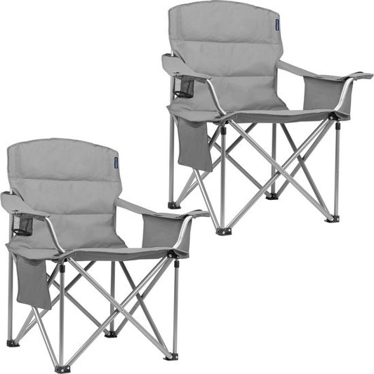 TRVLMORE Campingstoelen - Opvouwbaar - 2 Stuks - Vouwstoelen - 150 kg draagvermogen - Drankhouder - Koelvak - Zijvak - Grijs
