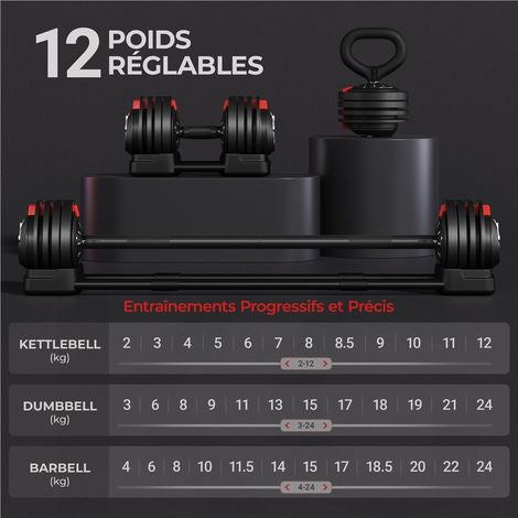 Yaheetech Verstelbare Dumbbellset 3-in-1 – 3-24 kg – 111 cm – Zwart