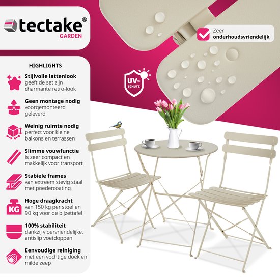 tectake® - Inklapbare bistroset voor 2 personen met stalen frame, tafel en tuinstoelen - Voor balkon en terras - Buitenset - Tuinset - Klaptafel en klapstoelen - elegant design - creme