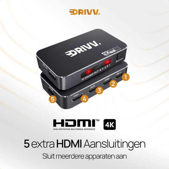 Drivv. HDMI Switch 4K 60Hz – 5 ingangen 1 uitgang - Incl Afstandsbediening - Automatisch Schakelen - Ondersteunt 720p/1080p/4K/3D - Zwart