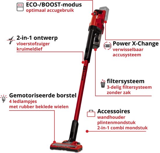 Einhell Accu Steelstofzuiger TE-SV 18 Li Solo - Power X-Change - 18 V/Li-ion - 0,6 L reservoir - 4 LED's - Drievoudig filtersysteem - Gemotoriseerd vloermondstuk - Excl. accu en lader