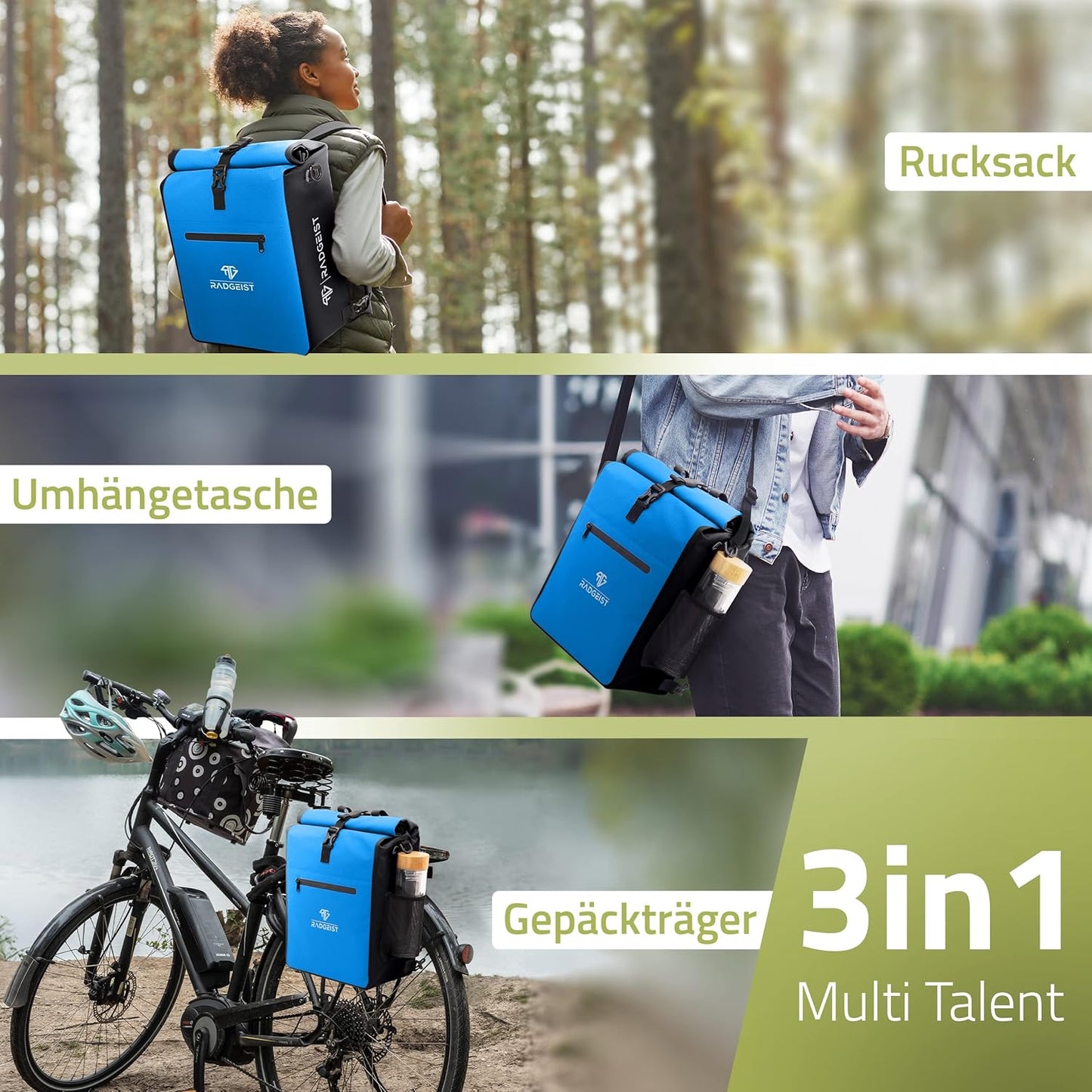 RADGEIST 3in1 fietstas voor bagagedrager - fietsrugzak - draagtas - schoudertas - met laptopvak - waterdicht - 25L - blauw