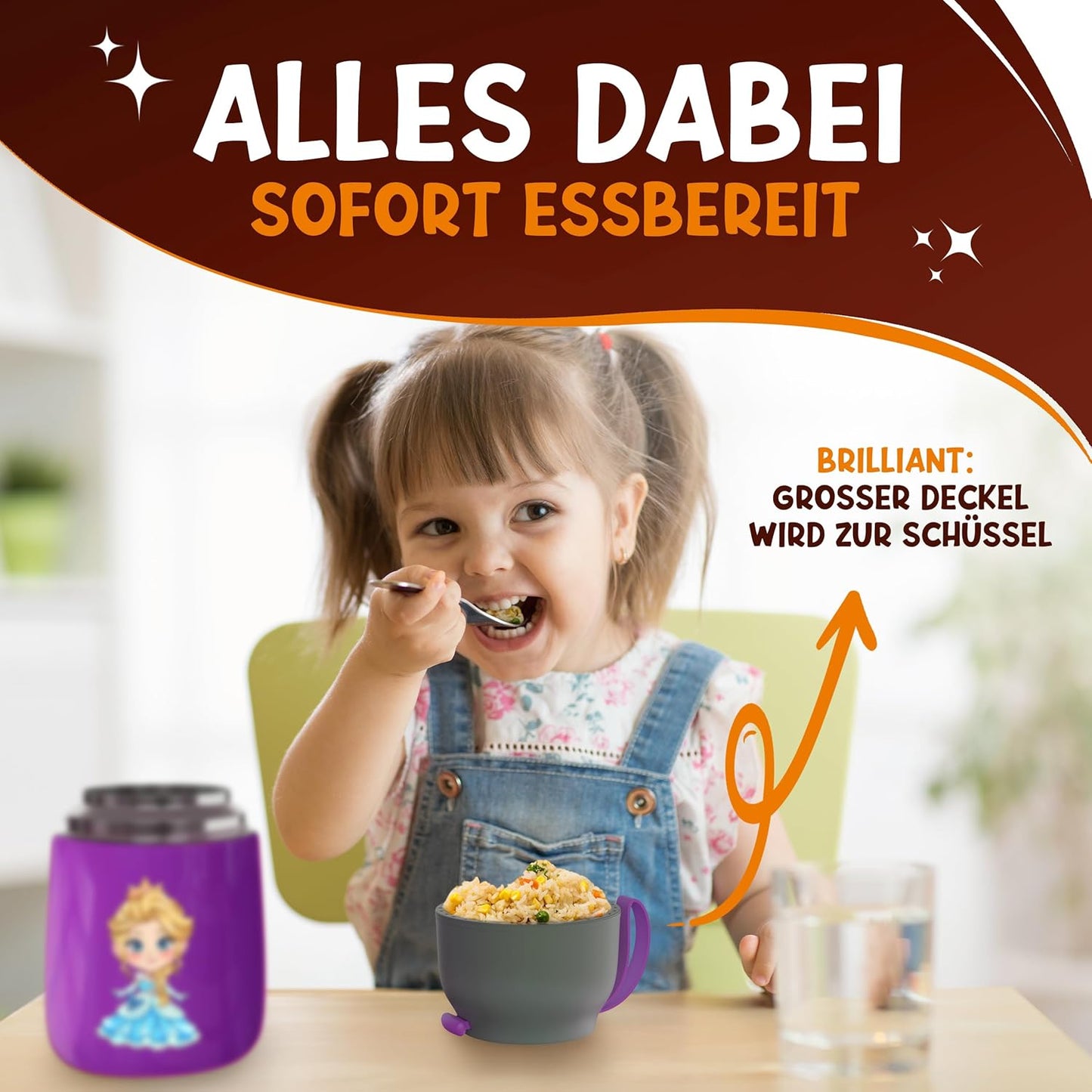 Funkelfuchs® thermosbeker voor kindervoeding - 500ml, paarse prinses - 100% lekvrij - roestvrijstalen warmhoudbeker - thermische beker - thermische lunchbox - babyvoeding