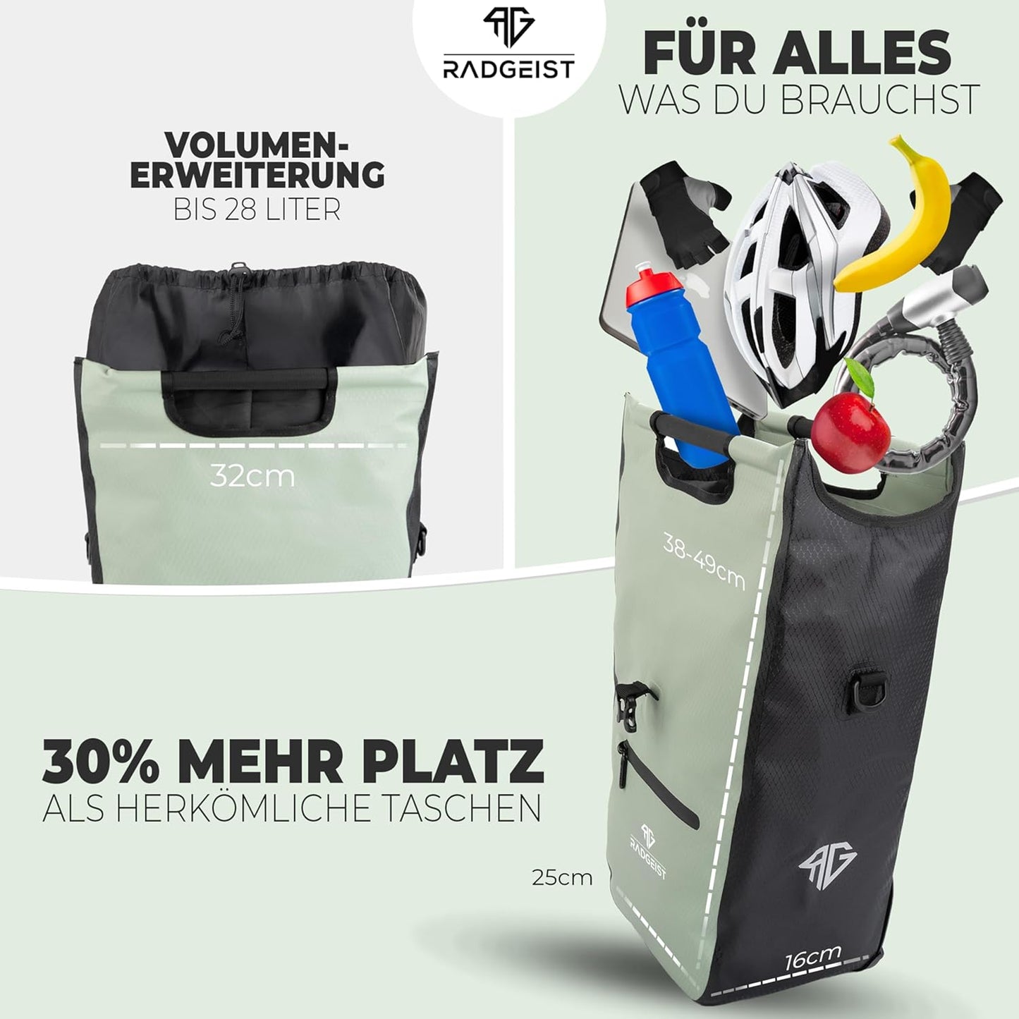 RADGEIST fietstas voor bagagedrager I fietstas shopper met uitneembare koeltas I boodschappentas & boodschappendraagtas 22-28 liter - groen