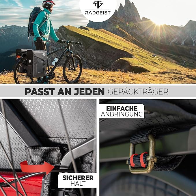 RADGEIST fietstas voor bagagedrager 100% waterdicht I Dubbele tas fiets 50 liter - Dubbele bagagedraagtas met gemakkelijke bevestiging