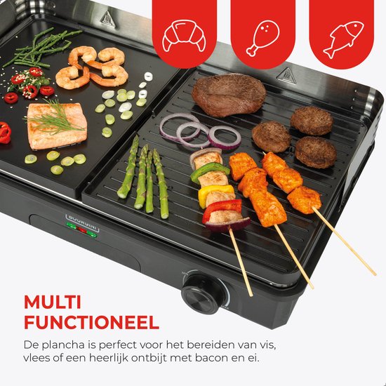 Bourgini Plancha Pure voor 8 personen – Keramische coating (PFAS-vrij) – Elektrisch – Gezond grillen - Bakplaat - Grillplaat - Keerbare bakplaat ribbel en vlak