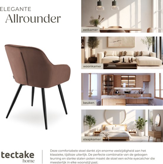 tectake® Eetkamerstoel Marilyn - Gestoffeerde Stoel in Fluweellook - Stikpatroon - Zwarte Stoelpoten - Ergonomische Keukenstoel - Met Doorlopende Rugleuning en Armleuningen - Stoel voor Woonkamer, Eetkamer, Slaapkamer - Bruin