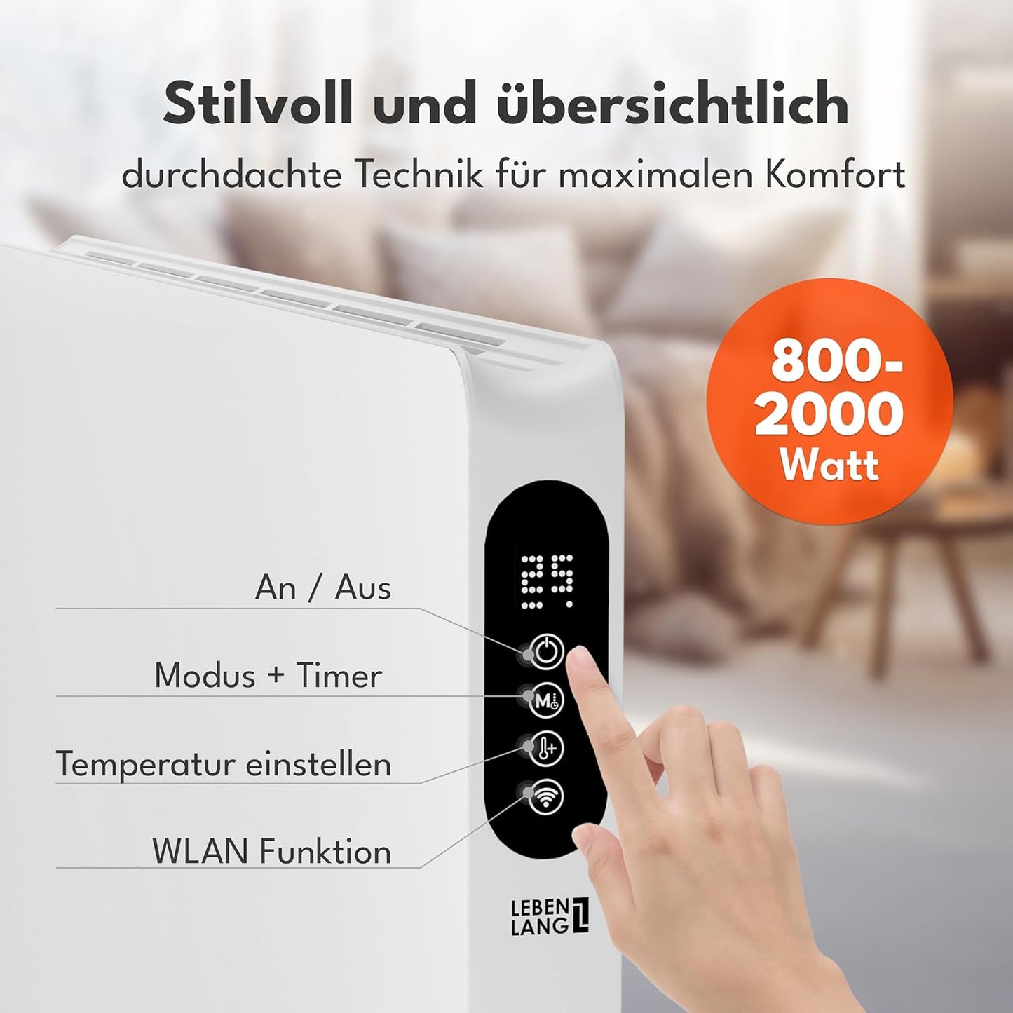 LEBENLANG Elektrische Verwarming - 2000W - Wifi en Appbesturing - Afstandsbedieninig - 88 x 5 x 49 cm - Wit