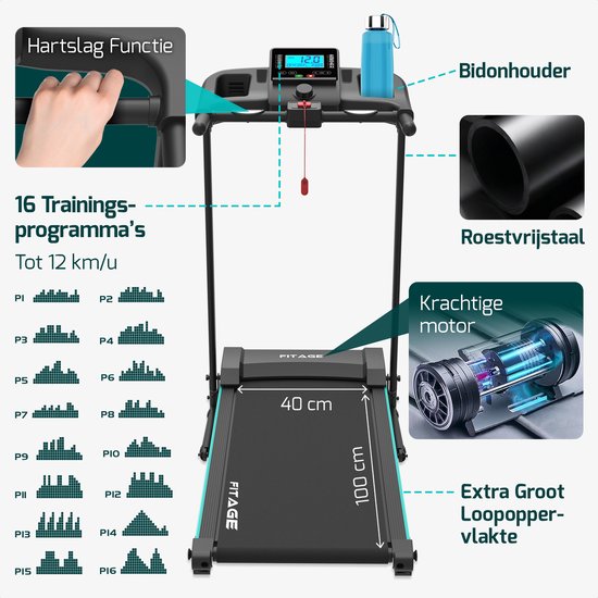 Fitage Loopband voor Thuis - Hellingsfunctie - Bluetooth - 1-12 km/u - Inklapbaar - 100 x 64 x 25 cm - Zwart