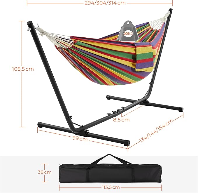 Yaheetech Hangmat met Standaard 294–314 cm – Regenboogstrepen – Verstelbare 2-Persoons Tuinhangmat met Draagtas tot 205 kg