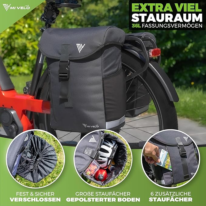 MIVELO - Dubbele Fietstas - 36L Inhoud - Zwart & RPET - Regenbescherming - MIK & Racktime Compatibel - Van Gerecycled Materiaal