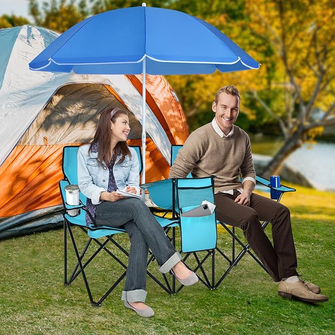 Coast campingstoel met parasol dubbele vouwstoel met bekerhouder koeltas turquoise
