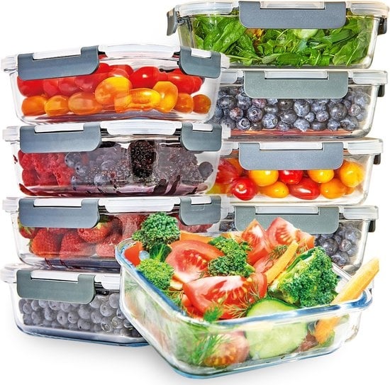 KitchenBrothers Glas Meal Prep Set – 10 stuks: 5×1 Liter & 5×370 ml Bewaarbakken