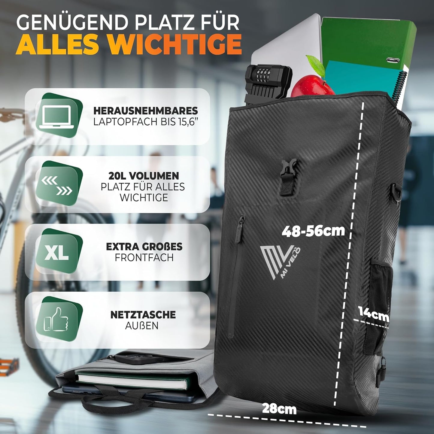 MIVELO PRIMUS - 3-in-1 Waterdichte Fietstas met Laptopvak en Slot - Carbon - 20 L
