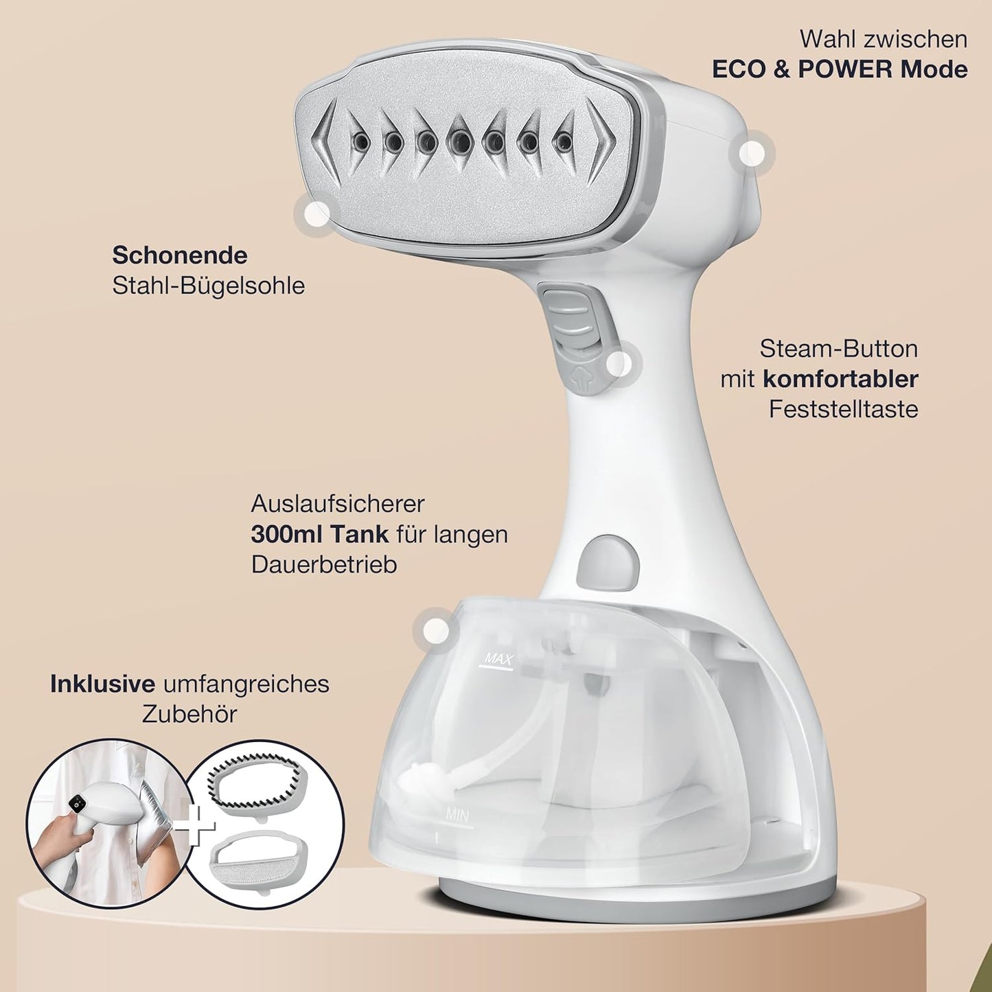 LEBENLANG Stoomstrijkijzer – Handstomer met LCD & 2 Opzetstukken – 1500W – 300 ml – 7 x 4 x 10 cm – Wit
