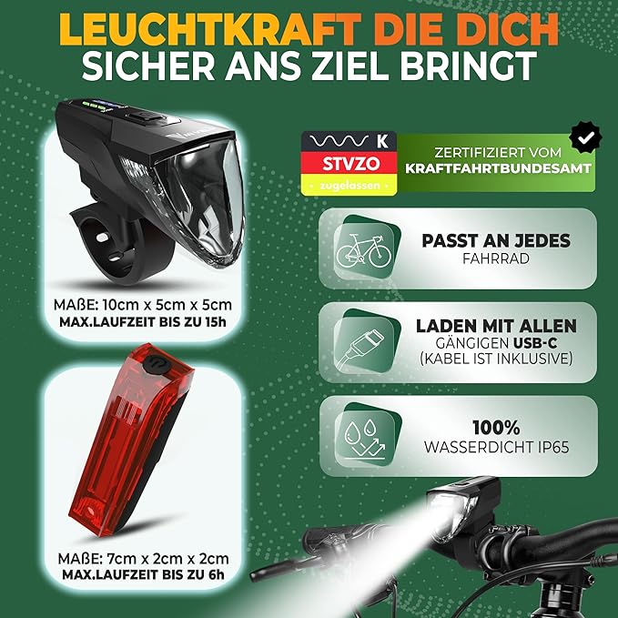 MIVELO Fietsverlichting Set – USB Oplaadbaar & Waterdicht – 70 Lux – Zwart