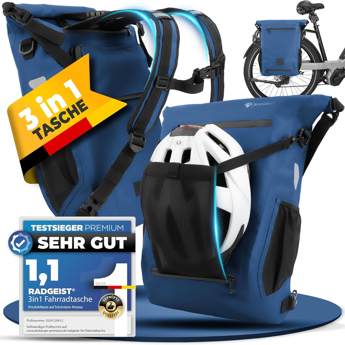 RADGEIST 3in1 fietstas voor bagagedrager I fietstas, rugzak & schoudertas 18-22L I tas voor fiets 100% waterdicht Blauw