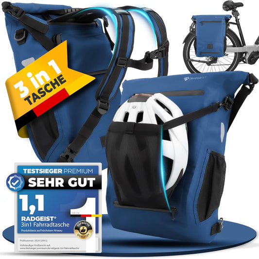 RADGEIST 3in1 fietstas voor bagagedrager I fietstas, rugzak & schoudertas 18-22L I tas voor fiets 100% waterdicht Blauw
