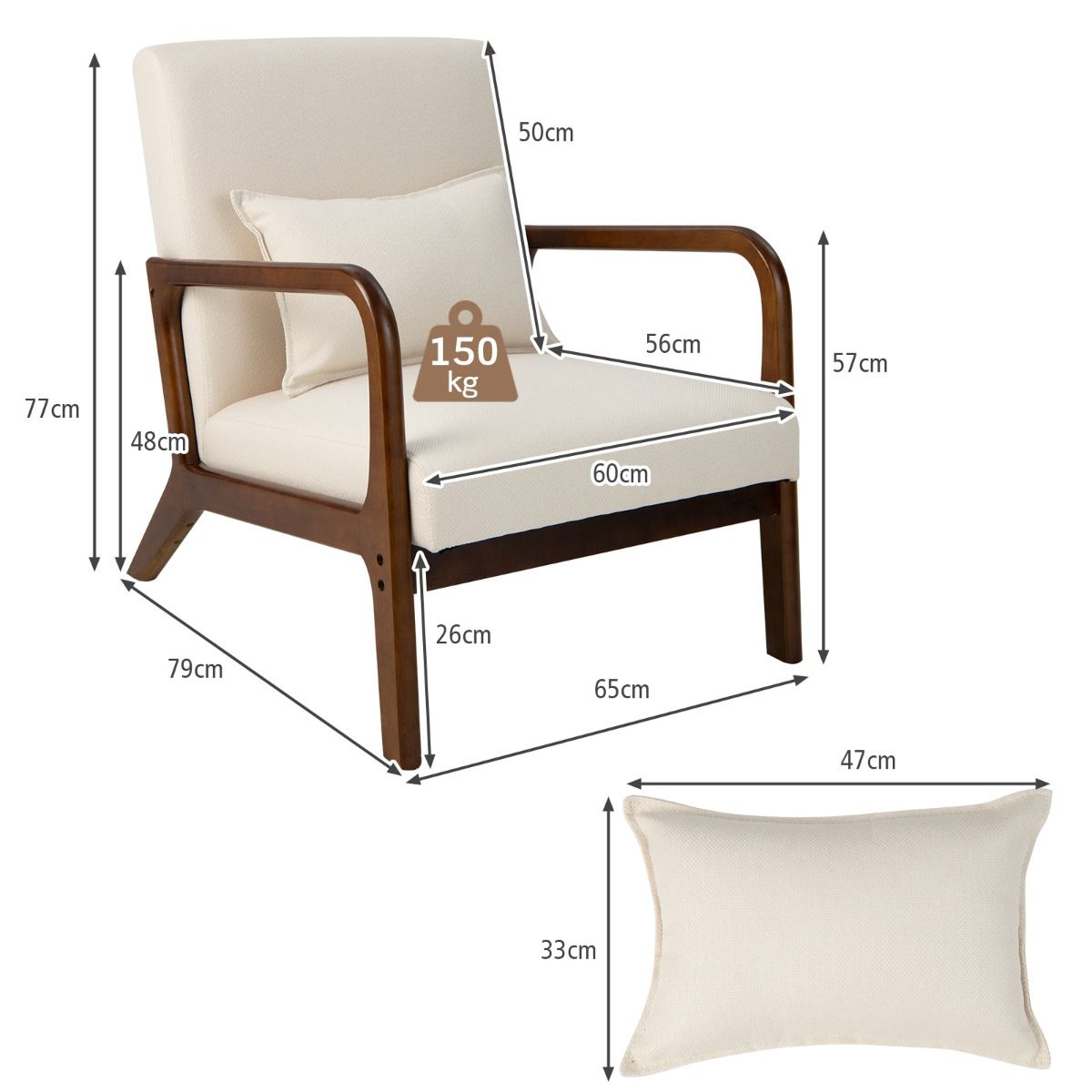 Coast Fauteuil Loungestoel Woonkamer Gestoffeerd met Armleuningen, Rubberhout, Beige, 65 x 79 x 77 cm