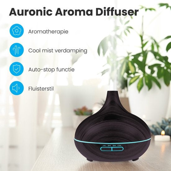 Auronic Aroma Diffuser - 300 ml - Luchtbevochtiger - 7 LED Kleuren - Incl. 2x Olie - Donkerbruin