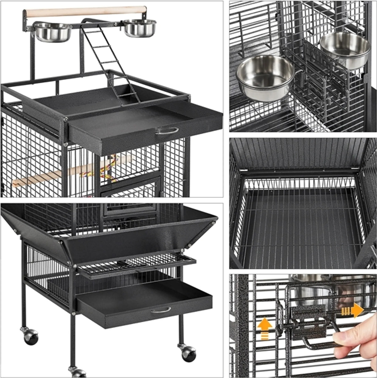 Yaheetech Papegaaienkooi Met Speelplateau – Voorzien Van Zaadvanger En Uitschuifbare Mestlades En Voerluikjes – Voor Valkparkieten En Papegaaien – Zwart Poedergecoat IJzer – 65,5 x 65,5 x 156 cm