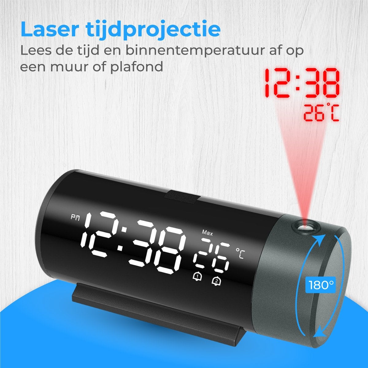 Nuvance Digitale Wekker met Projectie – Dubbel Alarm – Snooze – USB-Oplaadpoort – 15 x 6,8 x 6 cm – Zwart