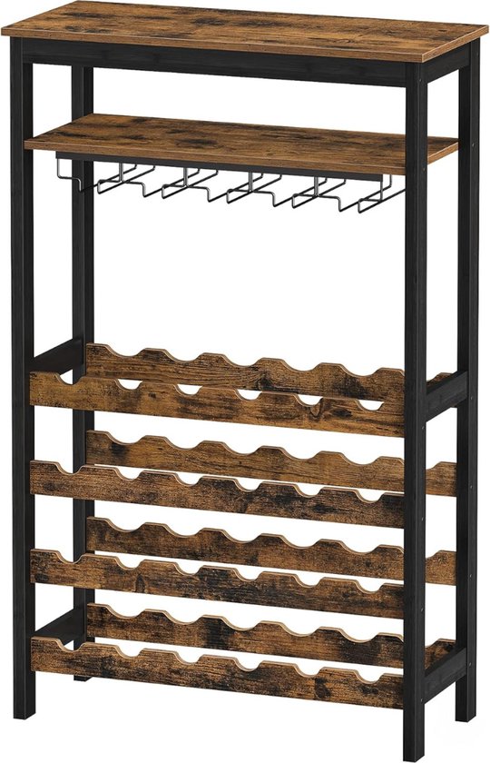 Niceey – Wijnkast Met Glazenhouder –  Voor 24 Flessen – 66 x 30 x 100 cm – Voorzien Van Bovenste Opbergplank En Ruimte Voor 15 Glazen – Voor Woonkamer En Keuken – Zwart En Bruin Metaal En Hout